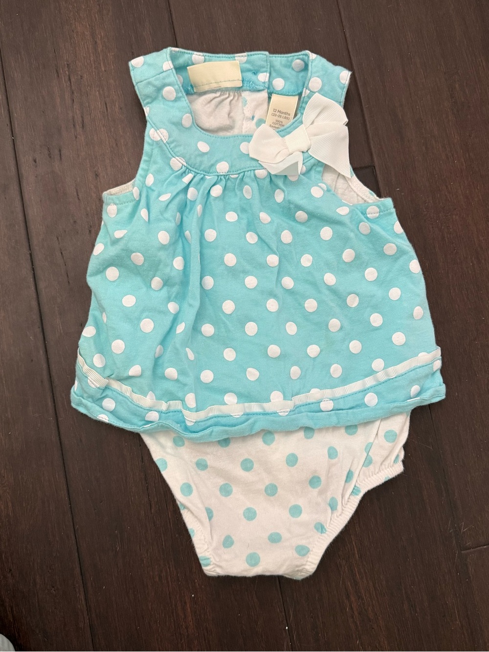 First Impressions Aqua and White Polka Dot Dress-Style Onesie with Bow